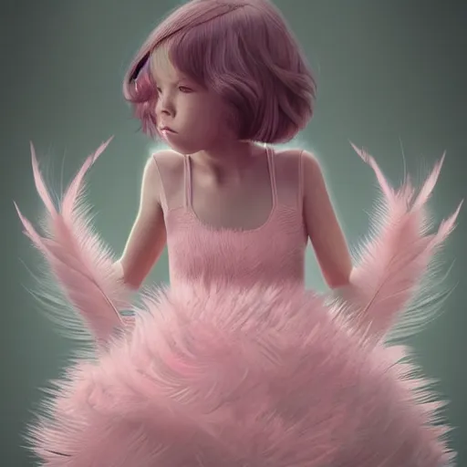 Image similar to little girl wearing an dress made of baby pink feathers, art by ilya kuvshinov, 8 k, concept art, gracious, realistic cgi