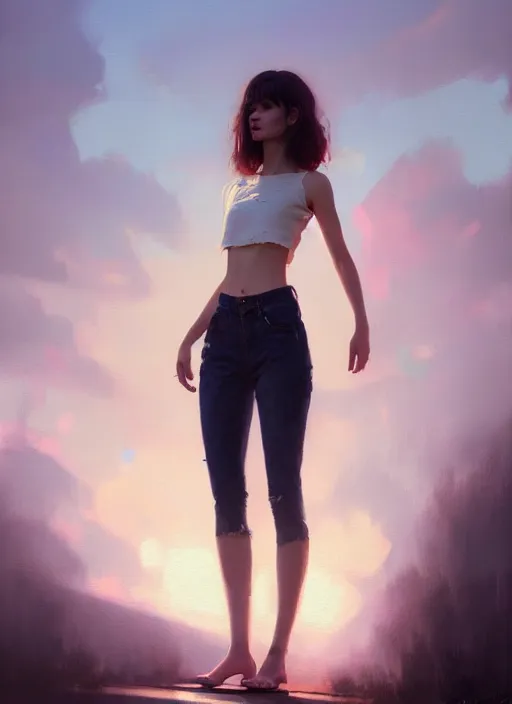 Image similar to ultradetailed beautiful painting of a stylish young lady wearing a crop top, dramatic, she has dreamly hair, distressed, volumetric light, full body portrait by greg rutkowski, ilya kuvshinov, james jean, makoto shinkai, on artstation