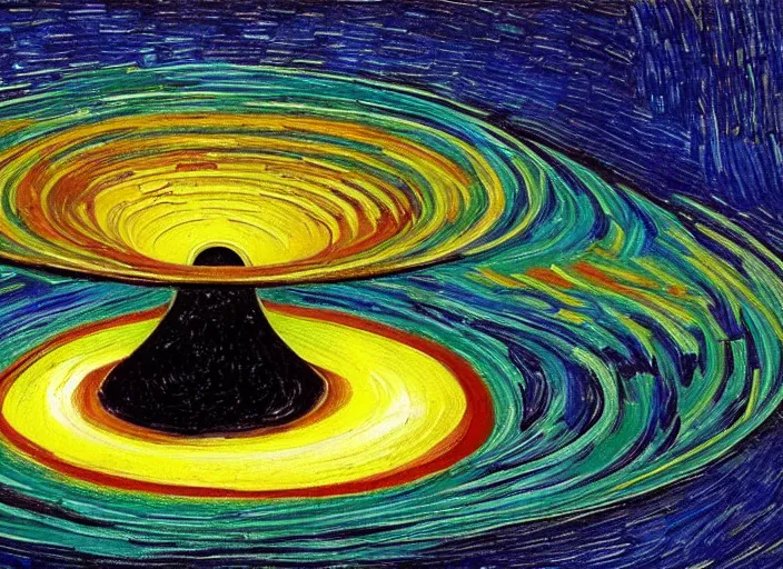 Image similar to painting of a wormhole black hole to another dimension, in the style of vincent van gogh and edward hopper and salvador dali