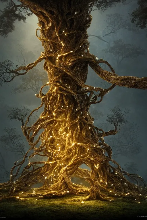 Prompt: a macro photo of an ancient tree made from cables and bio - organic micro organisms and metal parts and led growing in a mystical setting, cinematic, beautifully lit, by tomasz alen kopera and peter mohrbacher and craig mullins, 3 d, trending on artstation, octane render, 8 k