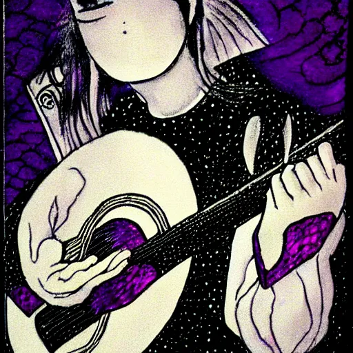 Prompt: black white purple painting on black paper, folkloric illustration , the guitar player , tarot by junji ito