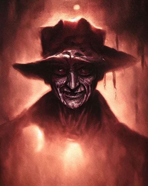 Image similar to demonic, sly, cunning, rugged robert englund as freddy krueger, face centered portrait, confident, dreamworld, boiler room, fog, rain, volumetric lighting, realistic illustration, perfectly shaded, soft painting, art by krenz cushart and wenjun lin