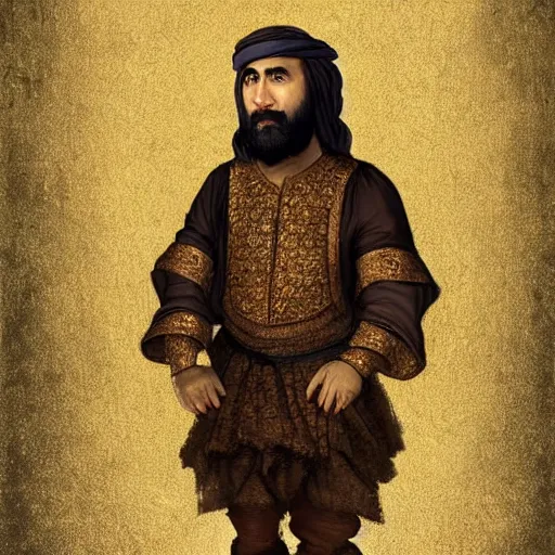 Prompt: middle ages middle eastern colored clothing, middle aged man, dark complexion, well trimmed beard, 3 / 4 portrait, celestial, futuristic, head and full body view, rembrandt art style, realistic art style