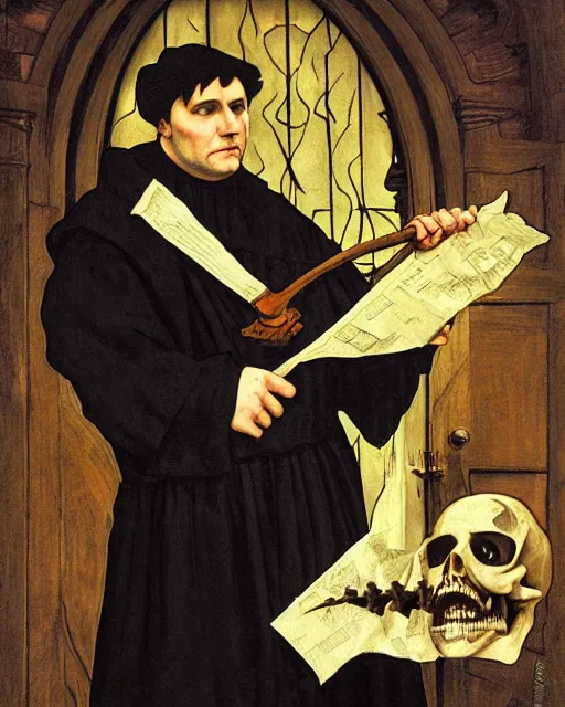 Image similar to A painting of Martin Luther holding a mallet and nailing a paper-skeleton Halloween decoration to the door of a suburban home, in the styles of Ferdinand Pauwels, Greg Rutkowski, Alphonse Mucha, and Tim Burton, intricate, hyperrealistic, accurate facial details, volumetric lighting
