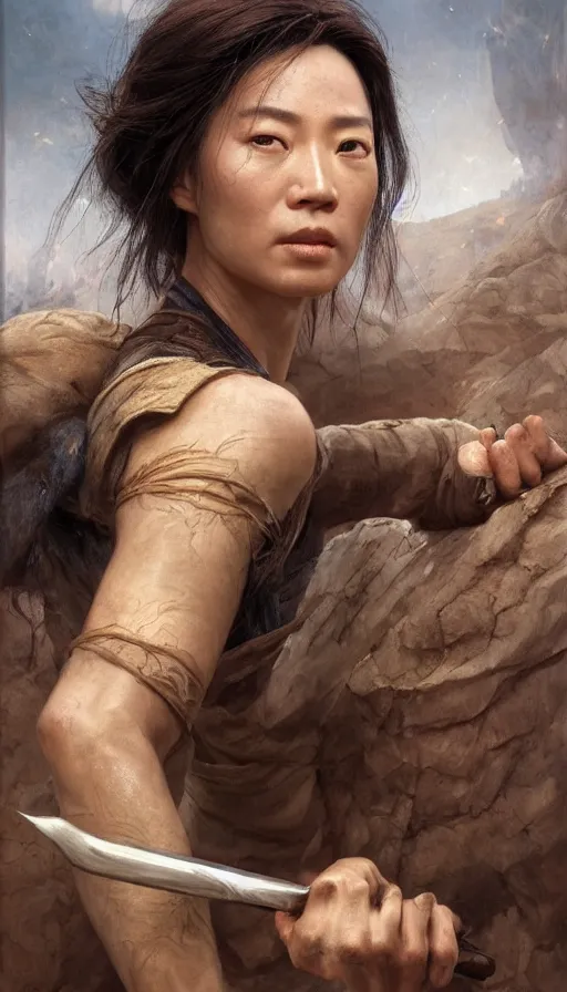 Image similar to epic masterpiece portrait crouching tiger, hidden dragon, sweaty skin, hyperrealistic, octane render, cinematic, beautiful face and flawless skin, perfect hands, 5 fingers, by Edgar Maxence and Ross Tran and Michael Whelan, Legends of Runeterra