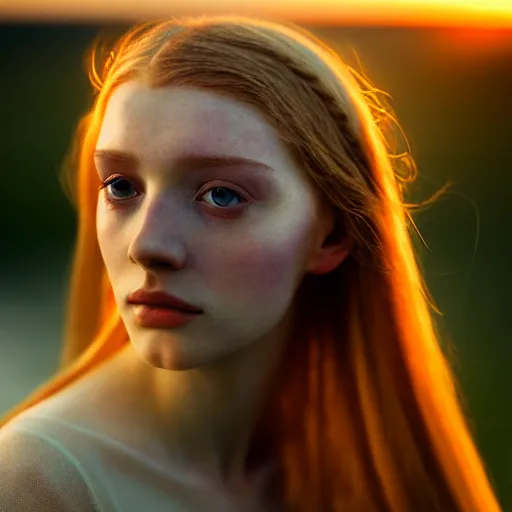 Prompt: closeup photographic portrait of a stunningly beautiful english renaissance female in soft dreamy light at sunset, beside the river, soft focus, contemporary fashion shoot by zdzisław beksinski, hasselblad nikon, in a denis villeneuve movie, by edward robert hughes, annie leibovitz and steve mccurry, david lazar, jimmy nelsson, hyperrealistic, perfect face
