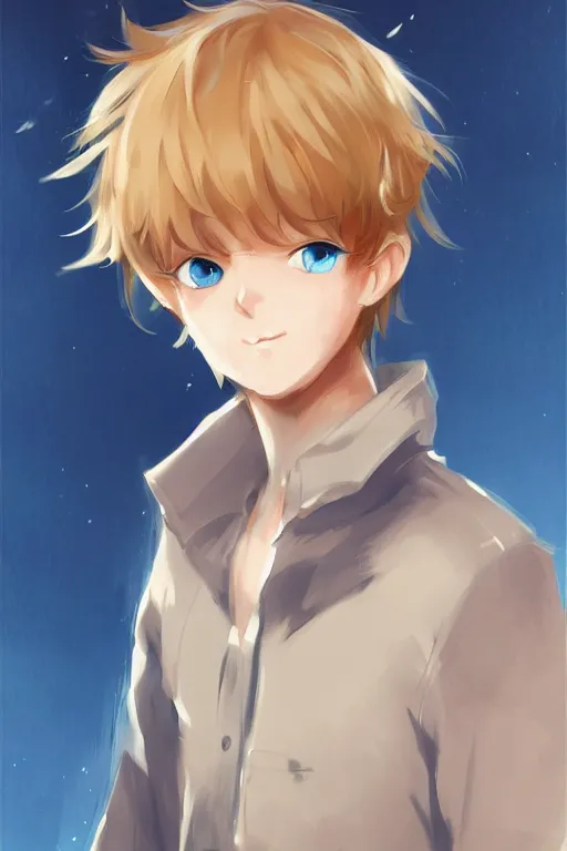 Image similar to A boy with blonde hair and blue eyes, beautiful, anime, NFT art, high art, artstation, digital art