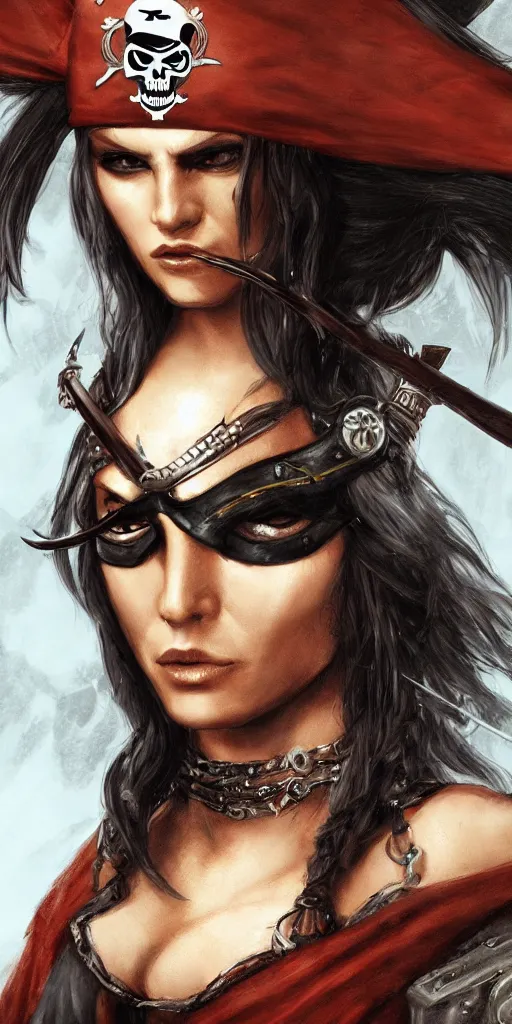 Image similar to Pirate Queen wearing an eyepatch, close-up, highly detailed, high quality, fantasy concept art, soft lighting