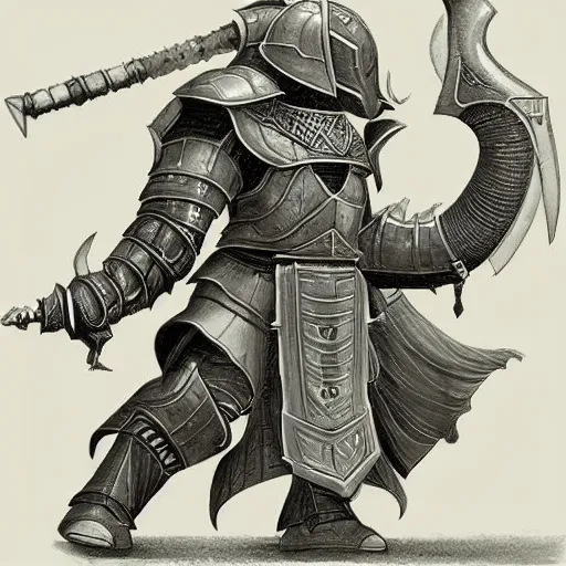 Image similar to elephantine armored knight wielding mace, anthropomorphic humanoid, elephant head, dungeons and dragons manual illustration, al - qadim