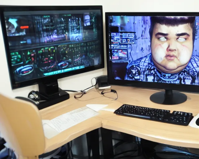 Image similar to gorgeous view of an ugly fat computer gamer with pimples and diseases all over its skin.