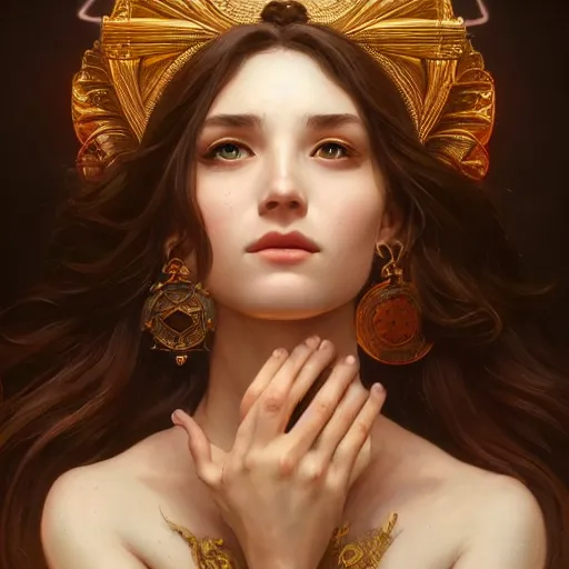 Image similar to perfectly - centered portrait of a goddess, beautiful, gorgeous, cute, amazing, highly detailed, professional digital painting, unreal engine 5, photorealism, hd quality, 8 k resolution, cinema 4 d, 3 d, cinematic, art by artgerm and greg rutkowski and alphonse mucha and loish and wlop