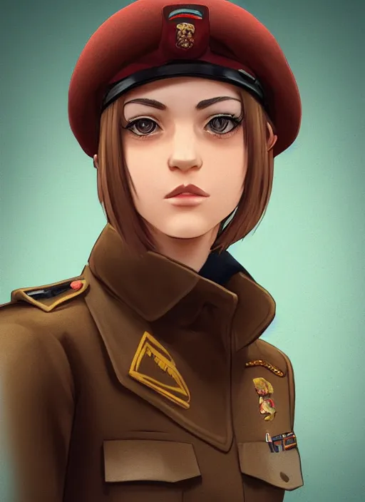 Image similar to portrait bust of young woman with light brown hair and hazel eyes dressed in a sharp dark teal military uniform with beret, saluting, smiling at camera, ilya kuvshinov, loish, anime, artstation trending, digital art