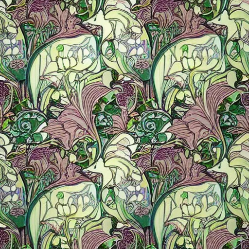 Image similar to a seamless pattern, a pattern of irises and calla lilies, repeating art, symmetry, aligned edges, art by alphonse mucha, art by sherree valentine daines