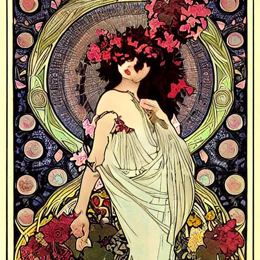 Image similar to persephone as goddess of death, flowers, dark, evil, painted by alphonse mucha