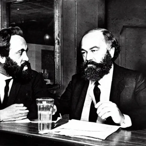 Prompt: karl marx and vladimir putin discussing capitalism, photo 1960, restaurant background