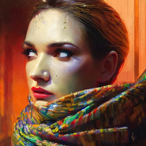 Image similar to detailed face of a woman clothed wrapped in textiles, lush, opulent, fauna, utopian, tech noir, wet reflections, prism, atmospheric, ambient, pj crook, syd mead, livia prima, artgerm, greg rutkowski, nick alm, casey baugh