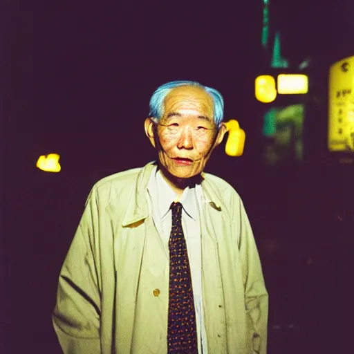 Image similar to portrait, old man in tokyo at night, wearing gold chain, gold rings, cinestill 8 0 0,