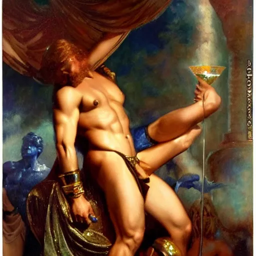 Image similar to muscular zeus wears leather and drinks martinis at a celestial dance club and falls in love with the handsome god jupiter, painting by gaston bussiere, craig mullins, j. c. leyendecker, tom of finland