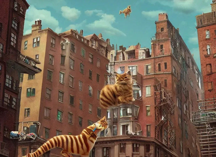 Prompt: A very high resolution image from a new movie, stop motion, about a cat from a musical nyc to a digital space opera, Animated film, volumetric lighting, octane render, directed by wes anderson, Vladimir kush, m.c Escher