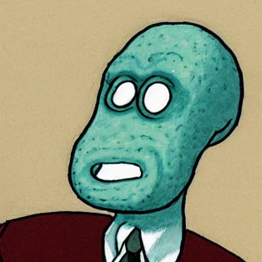Prompt: Courtroom drawing of Squidward on trial