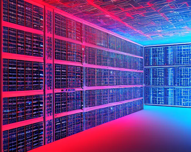 Prompt: datacenter with server in the middle, red laser grid, deep view, heavy blue led lights, wires connected, award winning, extremely detailed, artstation, 8 k, incredible art