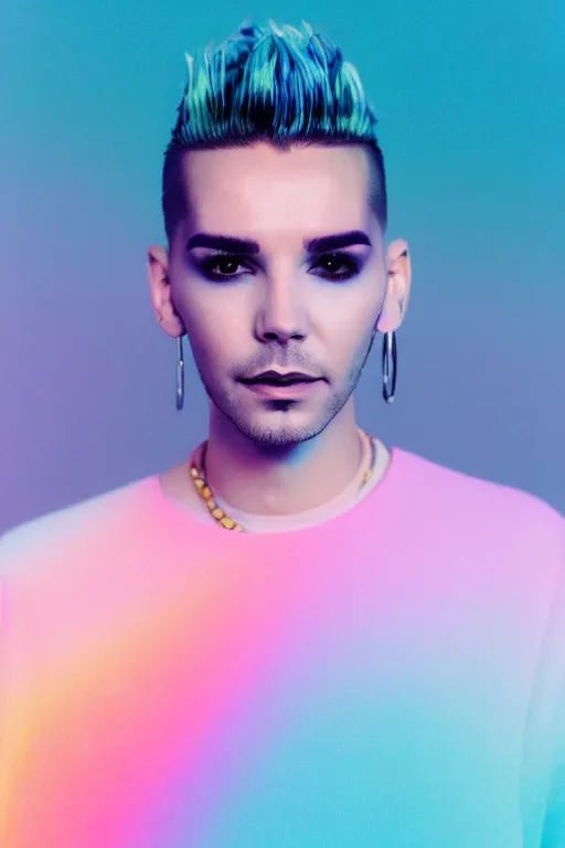 Image similar to high quality pastel coloured film close up wide angle photograph of bill kaulitz wearing clothing swimming on cloud furniture in a icelandic black rock environment in a partially haze filled dreamstate world. three point light, rainbow. photographic production. art directed. pastel colours. volumetric clouds. pastel gradient overlay. waves glitch artefacts. extreme facial clarity. 8 k. filmic.