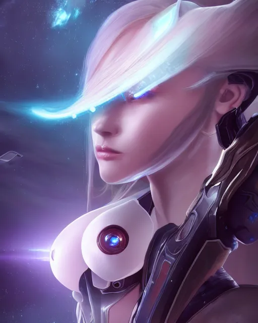 Image similar to perfect android girl on a mothership, warframe armor, beautiful face, scifi, futuristic, galaxy, nebula, raytracing, dreamy, long white hair, blue cyborg eyes, sharp focus, cinematic lighting, highly detailed, artstation, divine, by gauthier leblanc, kazuya takahashi, huifeng huang