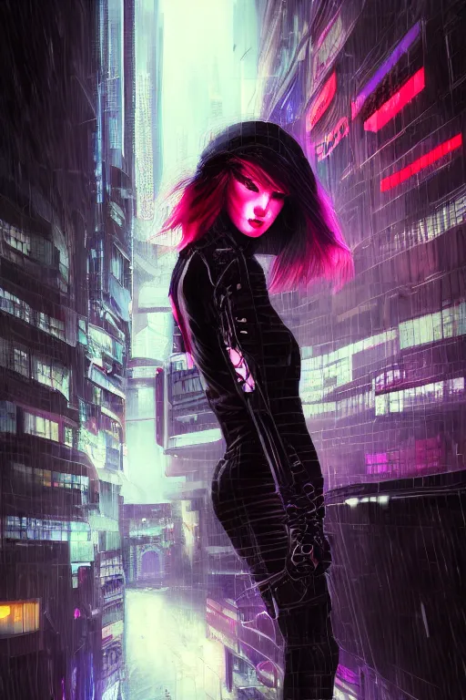 Prompt: portrait futuristic devilish cyberpunk young female Assassin, in futuristic stormy heavy snowy thunder tokyo rooftop Enchantment cyberpunk night, ssci-fi, fantasy, intricate, very very beautiful, elegant, neon light, highly detailed, digital painting, artstation, concept art, soft light, hdri, smooth, sharp focus, illustration, art by tian zi and craig mullins and WLOP and alphonse mucha