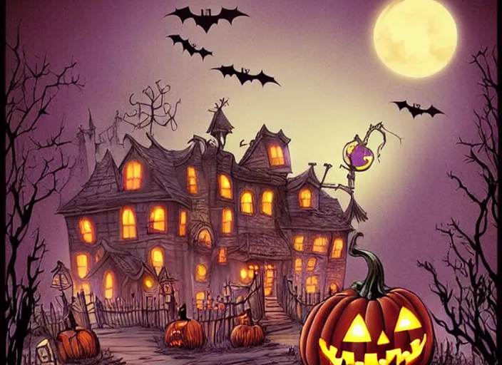 Image similar to Beautiful nostalgic digital art of a Halloween Town from Tim Burtons Nightmare Before Christmas in autumn at night by Brian Kesinger and Adrian Tomin