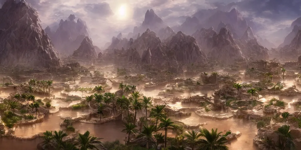 Prompt: Sprawling bustling high fantasy oasis desert village flowing with water, Cinematic Matte Painting, Insanely Detailed, Award Winning, Trending on Artstation, 8k, UHD