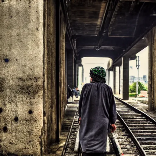 Image similar to poor people life under railway bridge, award winning, realistic, 4 k, hyper details, portrait by steve mccury and annie leibovitz and chindy sherman, best on adobe stock, cinematic, detailed place and people