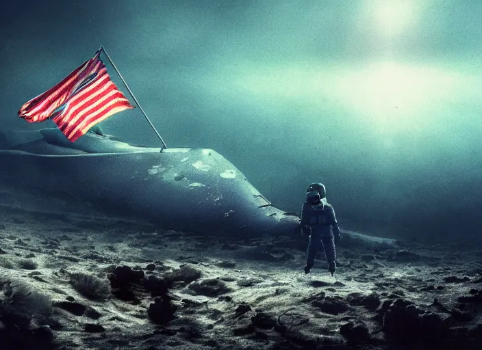 Image similar to astronaut holding a flag in an underwater desert. a submarine is visible in the distance. dark, concept art, cinematic, dramatic, atmospheric, 8 k, trending on artstation, blue, fish, low visibility, fog, ocean floor, christopher nolan, interstellar