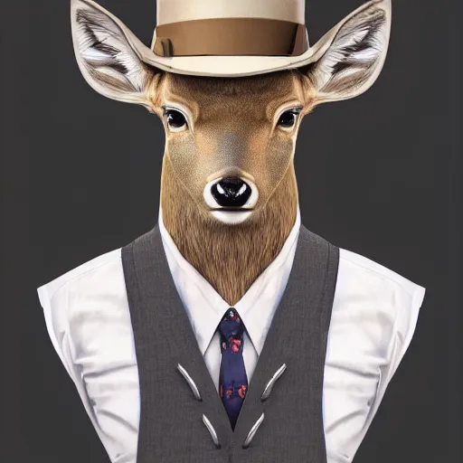 Image similar to a upper body portrait of a deer in a pinstriped suit and pants wearing a fedora with the antlers sticking out of the fedora by artgerm and wlop, intricate detail, digital art, photorealistic, trending on artstation