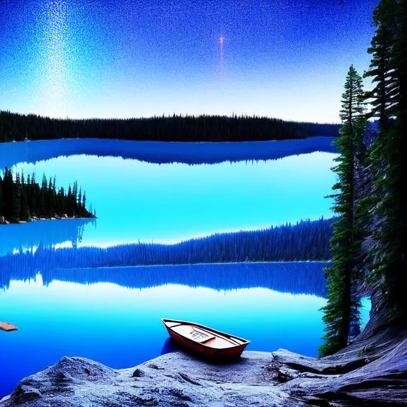 Image similar to a bright blue lake, above the lake is a glowing spirit, the spirit is illuminating a small boat in which there is a crying man, it's night time, the lake is surrounded by giant sequoias, in the sky is a comet, spiritual, magical, supernatural, digital art