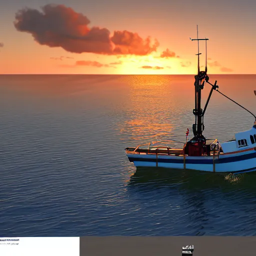 Prompt: very realistic fishing boat on the sea, unreal engine, very detailed, sunset, drone shot, 8k