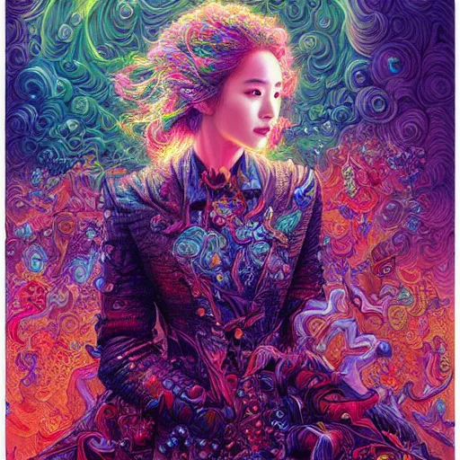 Image similar to portrait of park min young, hyper detailed masterpiece, neon floral pattern, jean giraud, digital art painting, darkwave goth aesthetic, psychedelic, artgerm, donato giancola and tom bagshaw