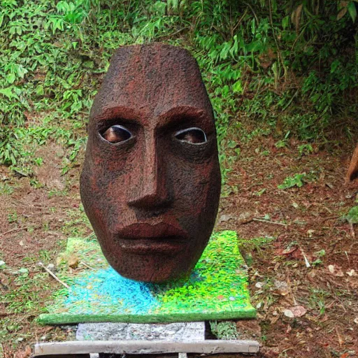 Image similar to abstract, sculpture made of various materials from rainforest of face of artificial intellicgence