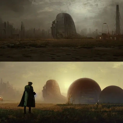 Prompt: a illustration and rendering of a movie of atompunk worlds vs solarpunk worlds, by Jan Van Goyen, by Thomas Eakins, by Pascal Blanché, Gustave Courbet, artstation, cgsociety, volumetric lighting, cinematic lighting, HDR, dramatic, haunting, rendered in octane, hyperrealistic, hyperdetailed, 4k