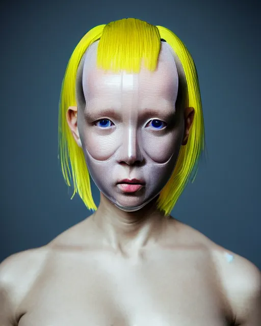 Prompt: symmetrical close - up portrait of a woman wearing a translucent silicone beauty mask and yellow hair buns, wearing a black bodysuit by alexander mcqueen, blue background, soft diffused light, biotechnology, humanoide robot, bjork aesthetic, translucent, by rineke dijkstra, intricate details, highly detailed, masterpiece,