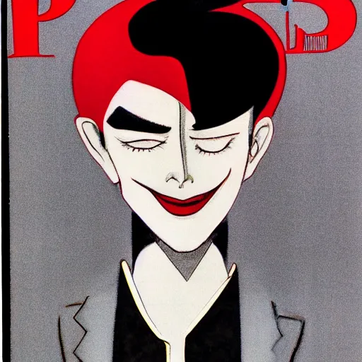 Image similar to A very red photgraphic portrait of the character, Desire, a tall, smiling androgyne with black hair and a grey pinstripe suit, studio lighting, medium shot, Life Magazine, 1978, Vertigo Comics, The Sandman written by Neil Gaiman, against a stormy sky