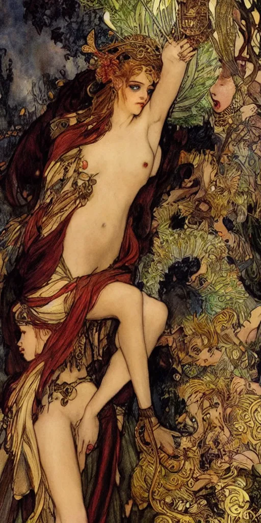 Prompt: kristen stewart as a sultry warrior sitting on top of a gold cornucopia, mucha meets norman lindsay style