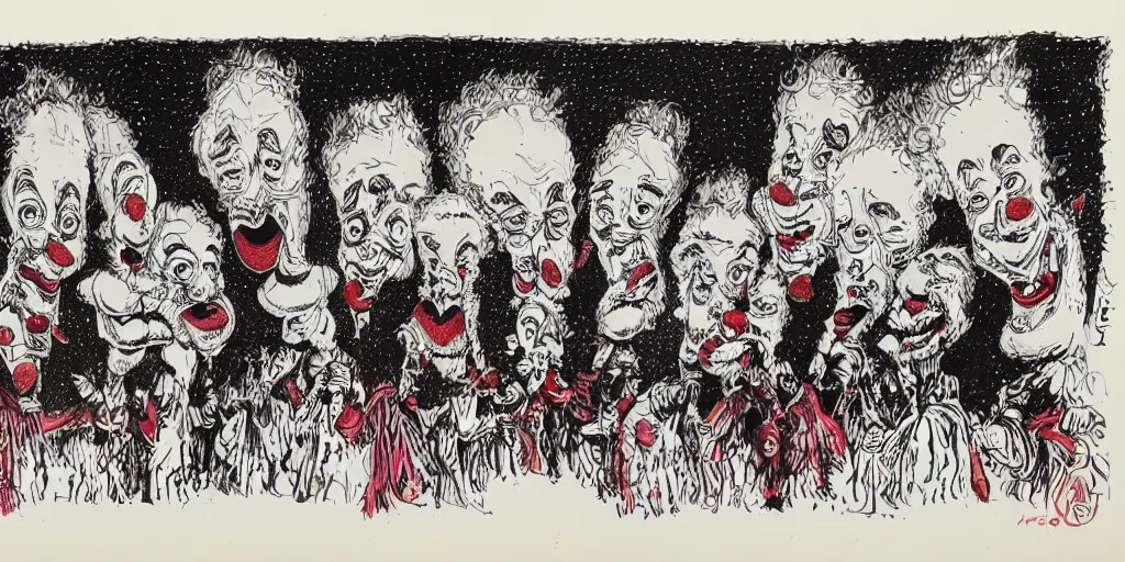 Prompt: A beautiful pen and ink drawing of a congress made of clowns, by ralph steadman, red and black ink, on parchment, ultra detailed