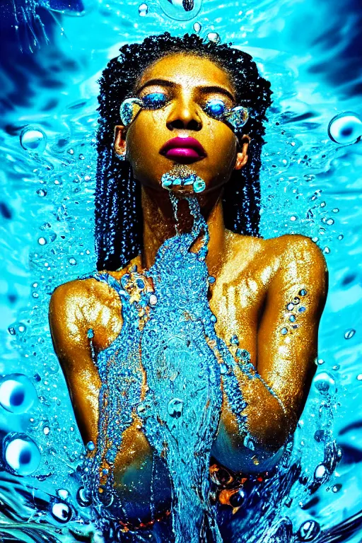 Prompt: hyperrealistic neo - pop cinematic super expressive! oshun goddess immersed in water!, mirror dripping droplet, gold ornate jewely, highly detailed face, digital art masterpiece, smooth eric zener cam de leon, dramatic pearlescent turquoise light on one side, low angle uhd 8 k, shallow depth of field