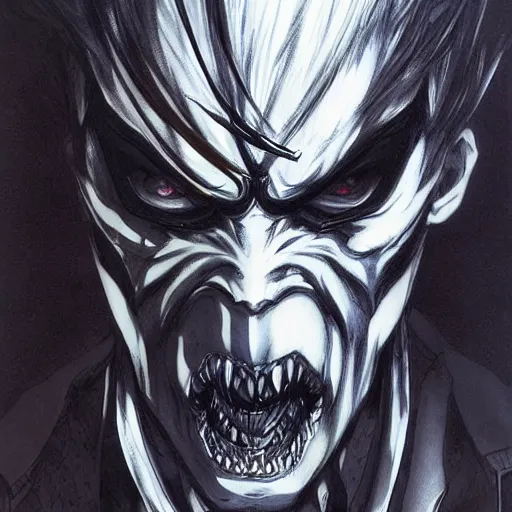 Prompt: Sanke from Metal Gear Solid portrait as a demon drawn Yusuke Murata and Takeshi Obata, inspired by Death Note 2003 manga,intricate detail, photorealistic style, intricate detailed oil painting, detailed illustration, oil painting, painterly feeling, sharp high detail