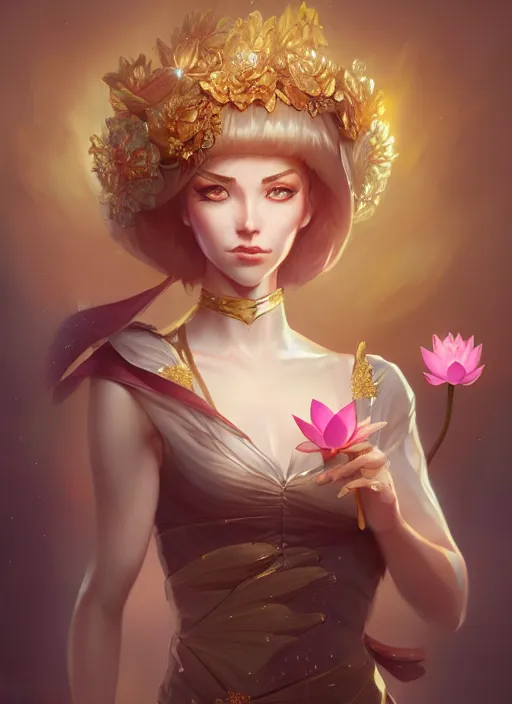 Prompt: female magician, wide angle view, lotus, flowers, gold, diamonds, highly detailed, artgerm, cushart krenz, artstation, soft light, sharp focus, illustration, character design, concept art