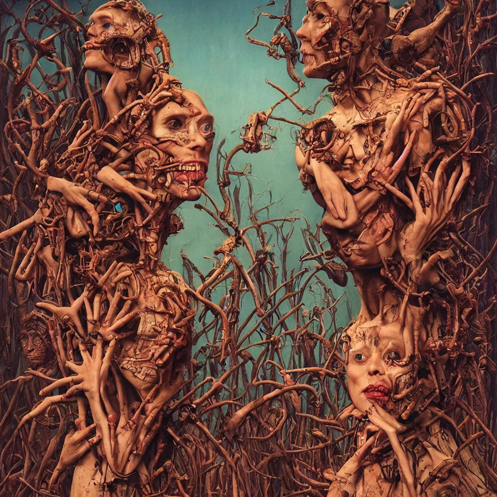 Prompt: 35mm color, humans enslaved, artificial intelligence, portrait, fashion shoot, freak show, weird, random, strange, hyperdetailed, photorealistic, interesting, by David la chapelle and karol bak and david cronenberg and WETA digital, art by Zdzisław Beksiński, Ivan Bilibin, Dariusz Zawadzki , ID magazine, octane rendering, cinematic, hyperrealism, octane rendering, 8k, depth of field, bokeh.