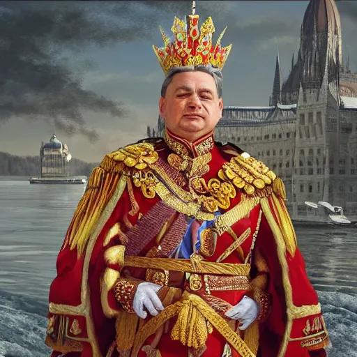 Prompt: an extremely realistic portrait depicting the coronation of hungarian prime minister viktor orban dressed in royal national costume, on the frozen danube, detailed, intricate, elegant, fat, highly detailed, digital painting, artstation, concept art, smooth, sharp focus, illustration,