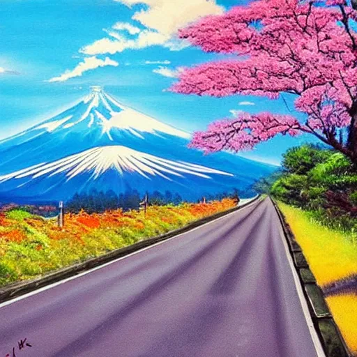 Prompt: road trip adventure fuji city, beautiful painting