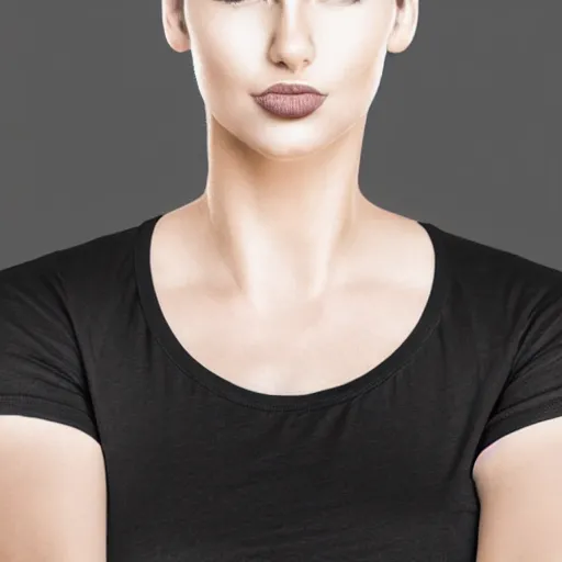 Image similar to clear photorealistic mockup product photograph of a blank black tshirt on an attractive female model in front of an indoor room background - h 7 0 4
