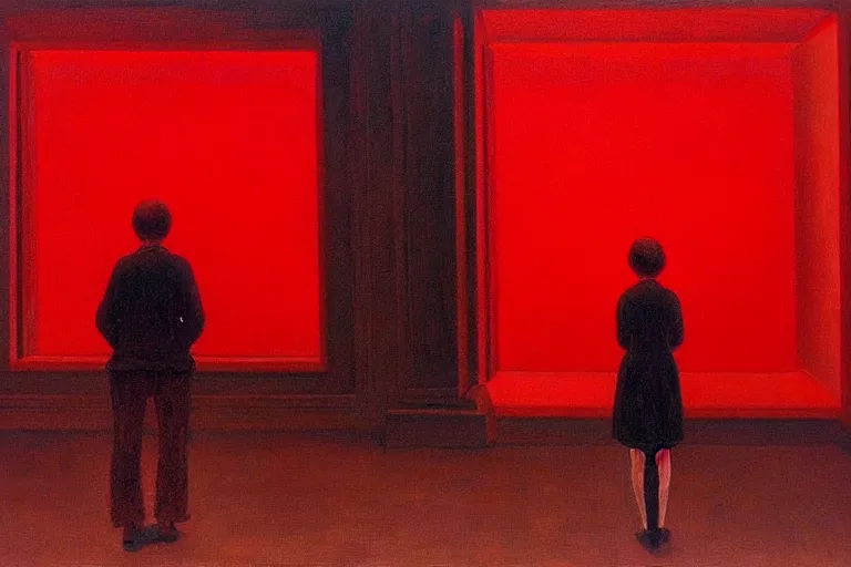 Image similar to only with red, crowd cheering at the sight of a painting, in a city square, in the style of beksinski, parts by edward hopper, parts by rodcenko, parts by yue minjun, intricate and epic composition, red by caravaggio, insanely quality, highly detailed, masterpiece, red light, artstation, 4 k